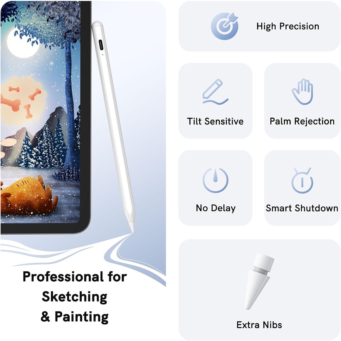 Stylus Pen for Ipad 2018-2024 - for Apple Ipad Pencil with Palm Rejection, Magnetic, Tilt Sensitivity, Work for Ipad Pro 11"/12.9", Ipad Mini 5/6, Ipad Air 3/4/5, Ipad 6/7/8/9/10